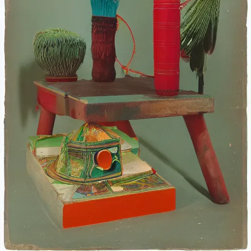 Prompt: A three color offset photography of single ((ethnographic )) object on display, anthropology of wonder, tropicalism, conceptual exotism, exotic artifacts, colonial expedition, exhibition, 60s style