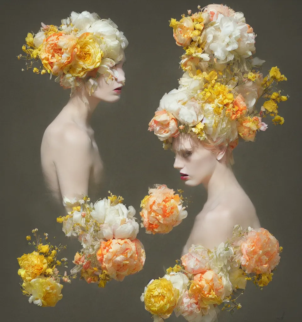 Prompt: beautiful hairpiece made of yellow, cream, light orange and ivory flowers, peonies, illustration by james jean and jeremy lipking, pastel colors,