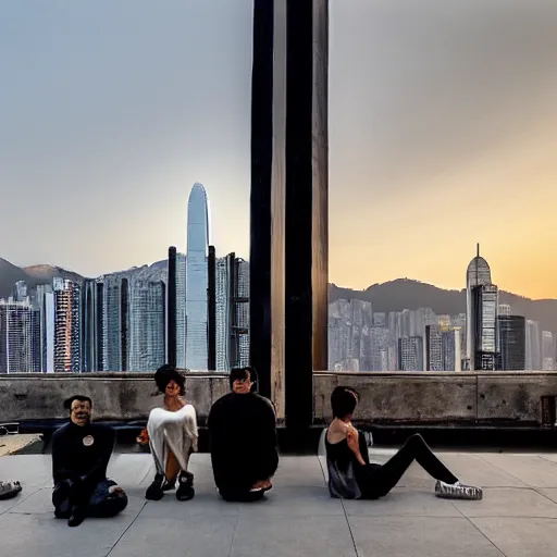 Image similar to a small rooftop with a couple of people sitting and watching the view, wearing black modern clothes, designed by rick owens, messy short hair, modern hong kong is on the background, sunset, pale colors, by gregory crewdson