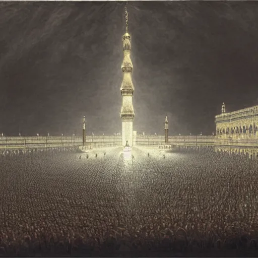 Image similar to painting of the kaaba on hajj day, highly detailed, volumetric lighting, god rays, by gustave dore and john collier