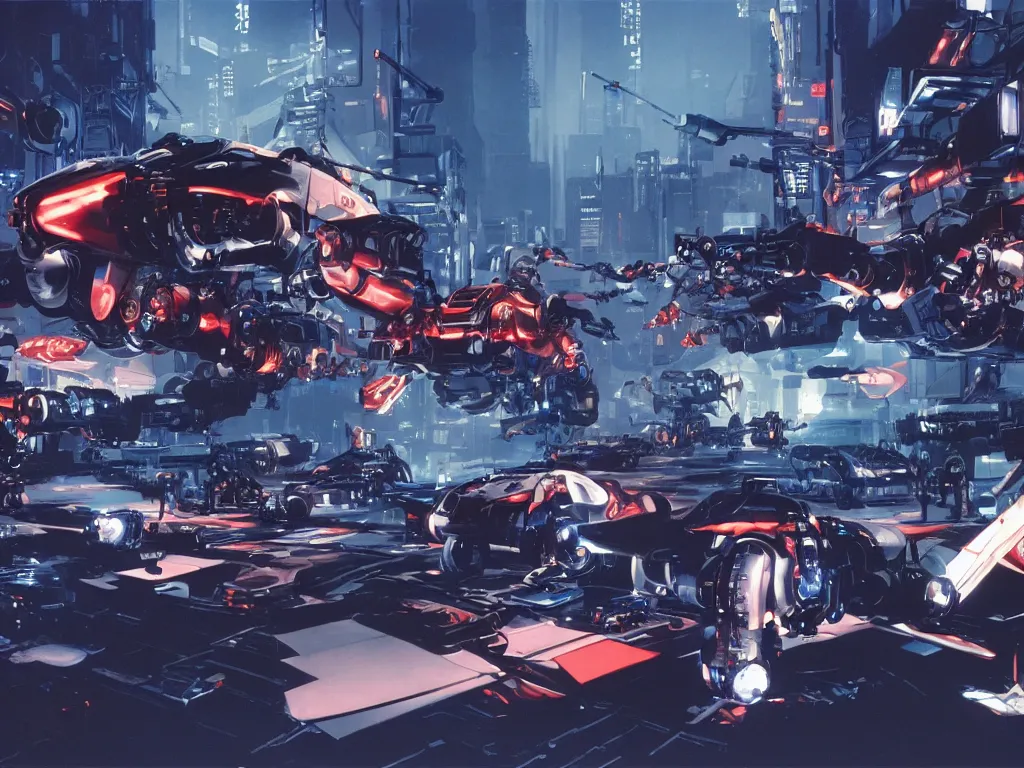 Image similar to Film still of Mechbots designed by Ferrari and Lamborghinis in battle in Tokyo at night by syd mead, Scott Robertson, james cameron, octane, 4k