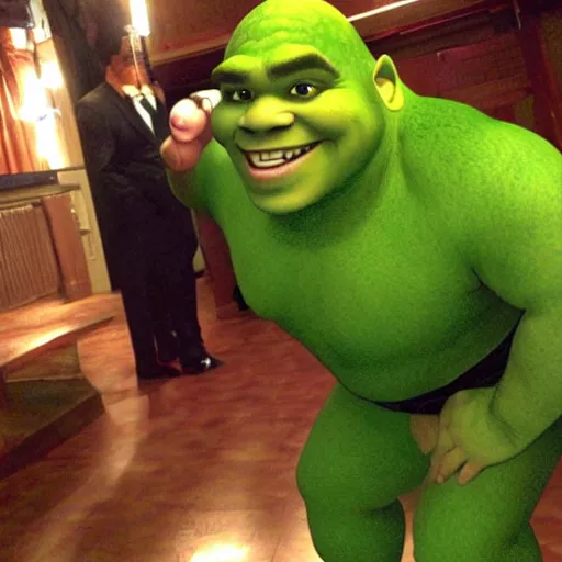 Prompt: wally bayola as shrek with formal clothes
