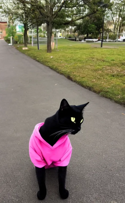 Prompt: black cat wearing a pink hoodie in a suburban area