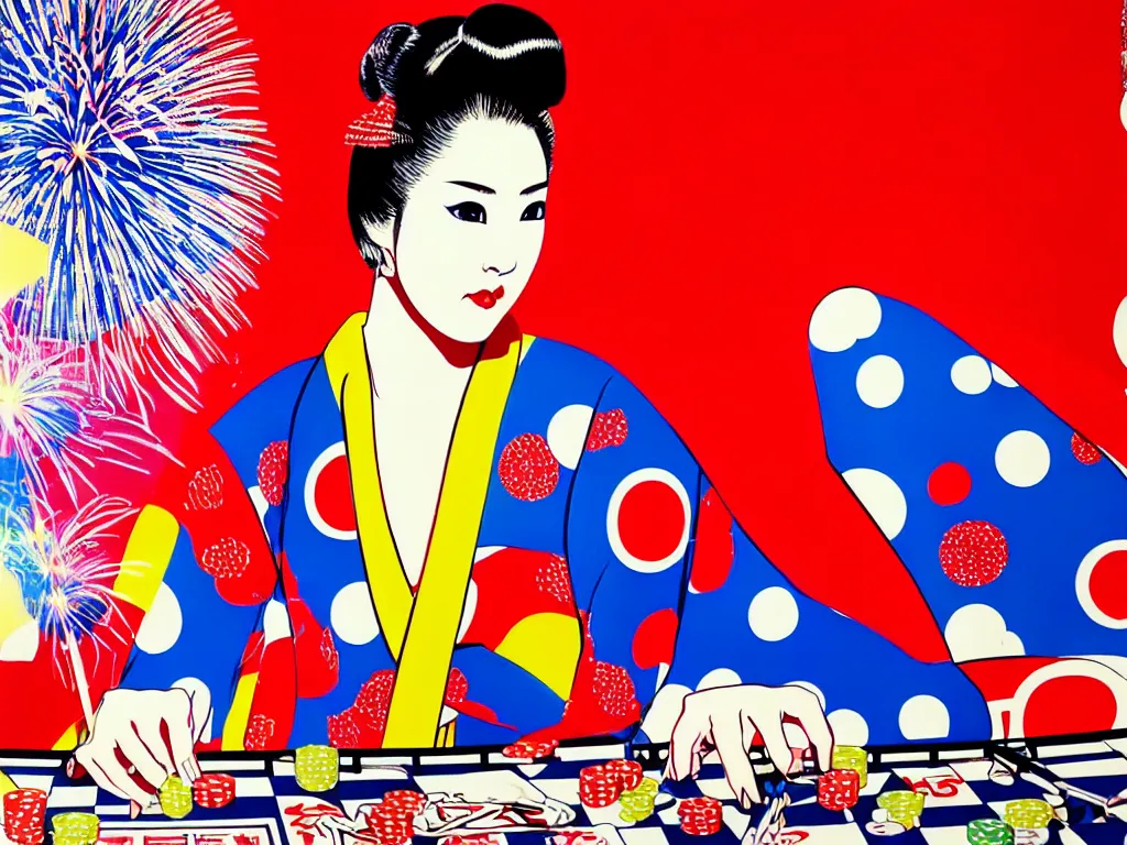 Image similar to hyperrealism composition of the detailed woman in a japanese kimono sitting at a poker table with superman, fireworks on the background, pop - art style, jacky tsai style, andy warhol style, acrylic on canvas