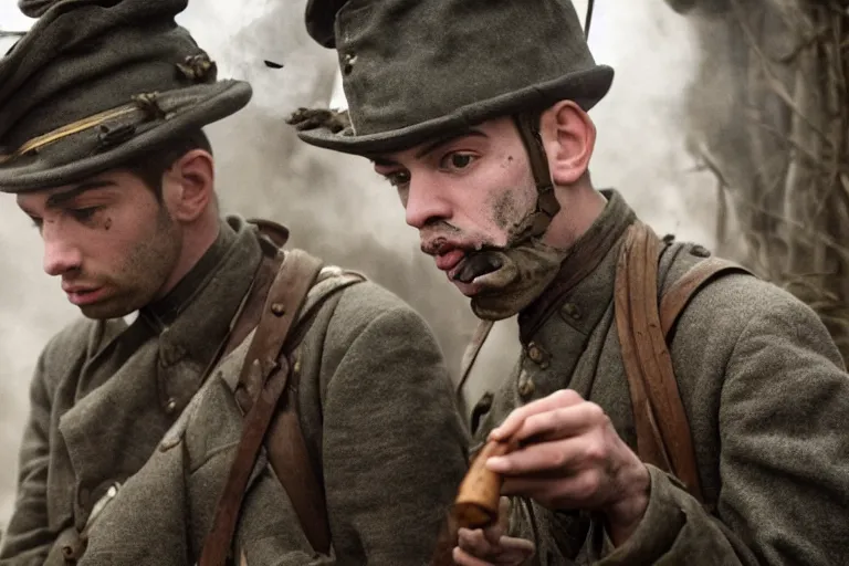 Prompt: jay baruchel smoking cigar, as world war 1 soldier in the trenches, 4 k hdr imax cinematography by roger deakins, award winning shot, beautiful composition, principal photography, vfx action shot