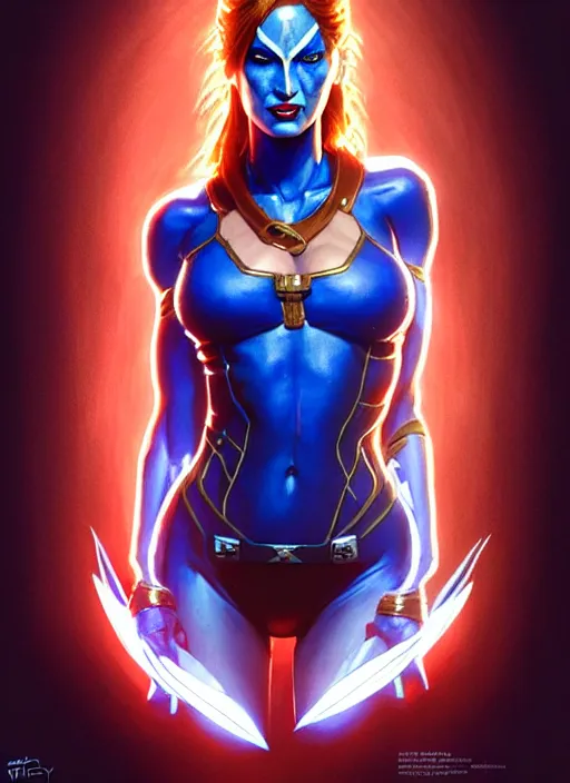 Image similar to portrait of apex legends megan fox as mystique from x - men, intricate, elegant, glowing lights, highly detailed, digital painting, artstation, glamor pose, concept art, smooth, sharp focus, illustration, art by artgerm and greg rutkowski, artey freytag