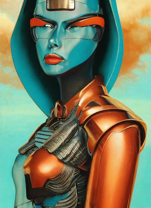 Prompt: symmetry!!! closeup portrait of a cyborg pharaoh girl, fashion racing jumpsuit with big shoulder pads, cinematic light, backlight, windy, teal orange, volumetric smoke, mist, by gerald brom, by mikhail vrubel, by peter elson, muted colors, extreme detail, trending on artstation, 8 k