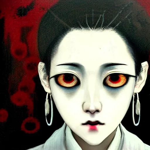 Image similar to yoshitaka amano blurred and dreamy realistic three quarter angle horror portrait of a sinister young woman with short hair, big earrings and white eyes wearing office suit with tie, black and white junji ito abstract patterns in the background, satoshi kon anime, noisy film grain effect, highly detailed, renaissance oil painting, weird portrait angle, blurred lost edges