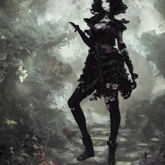 Image similar to goth christina hendricks with flowers in her hand, tankoban, 4 k, tone mapping, akihiko yoshida, james jean andrei riabovitchev marc simonetti, yoshitaka amano, long hair, curly, h. hydrochaeri