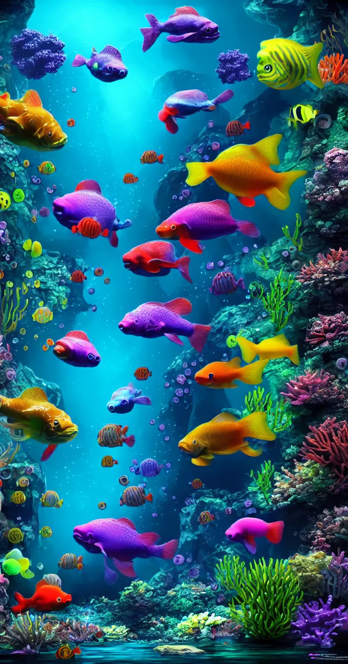 Prompt: highly detailed photo of colorful aquatic life under water, 3 d render, dark background, hyper realistic, concept art, 8 k detail post - processing