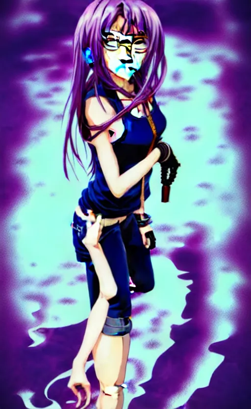 Image similar to style of madhouse studio anime, black lagoon manga, loish, artgerm, comic art, portrait of revy from black lagoon, symmetrical eyes and symmetrical face, jean shorts, white tank top, purple hair, sarcastic evil smirk on face, sky and ocean background