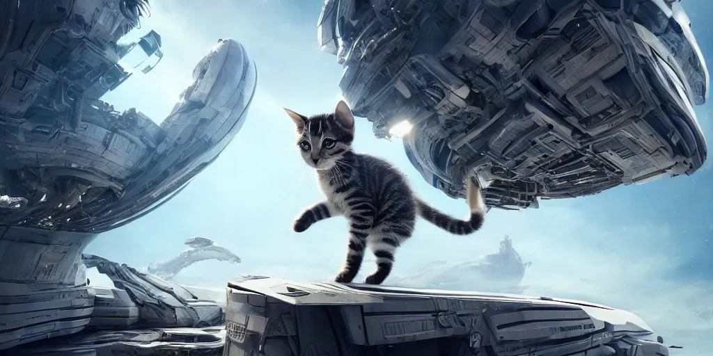 Prompt: kitten standing on crashed sci-fi spaceship on Earth in future, cinematic lighting, concept art, trending on Artstation, trending on DeviantArt, highly detailed, high quality, 8K HDR, octane render, unreal engine 5, breathtaking landscape, highly detailed, high quality, post processed