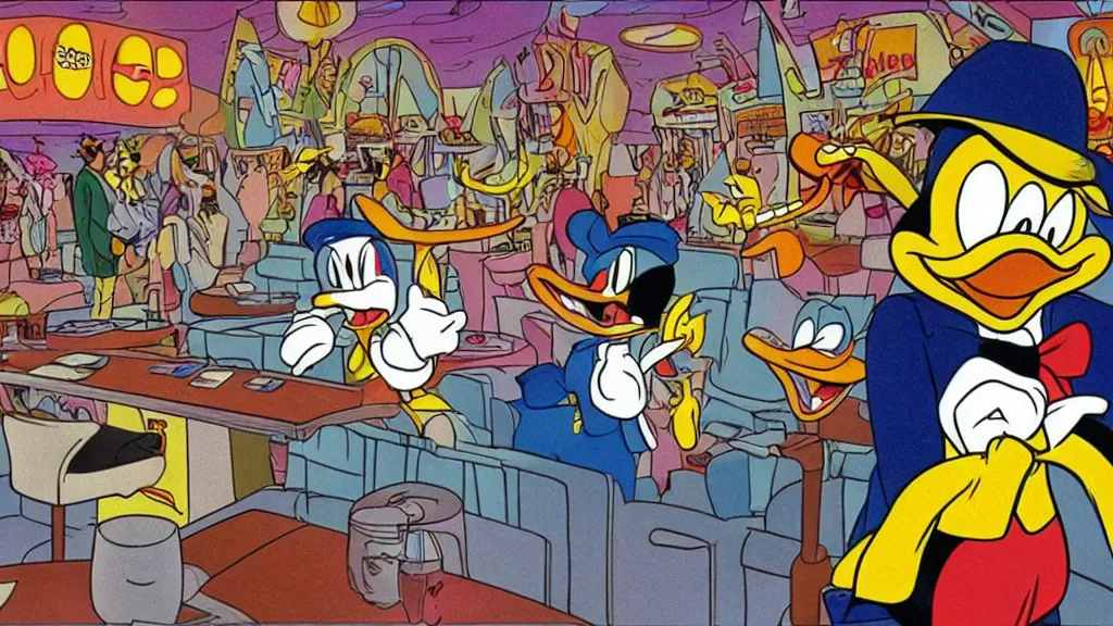 Image similar to fear and loathing in las vegas featuring donald duck, animation movie scene by don rosa