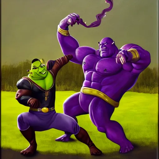 Prompt: Thanos fighting against Shrek, trending on artstation, oil on canvas