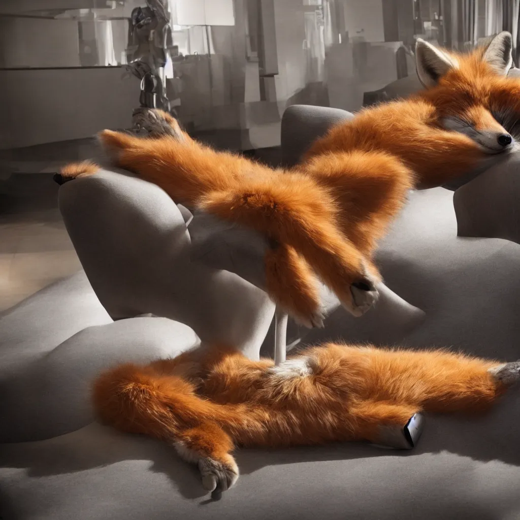 Image similar to anthropomorphic, furry, anthro, fox lounging in a futuristic hotel, film scene