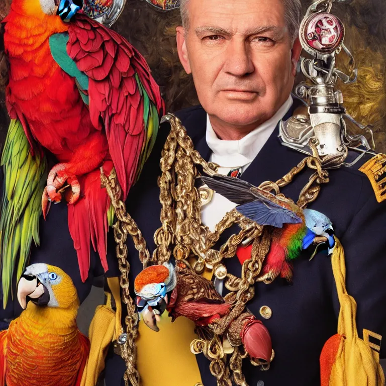 Image similar to close - up octane render portrait by wayne barlow and carlo crivelli and glenn fabry, an extremely elegant bold stern well - dressed admiral in a very powerful uniform, holding a colorful parrot, inside a colorful highly - themed nautical bar, very short depth of field, bokeh