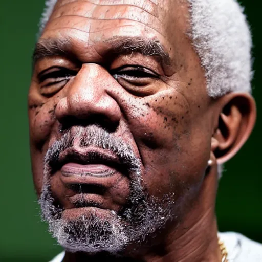 Image similar to a candid portrait photograph of Kanye West starring as Old man Morgan Freeman, in the style of Chi Mondu, shallow depth of field, 40mm lens