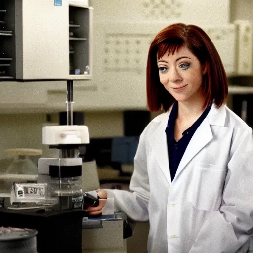 Image similar to full body photo of alyson hannigan as a scientist on a a lab, very detailed face