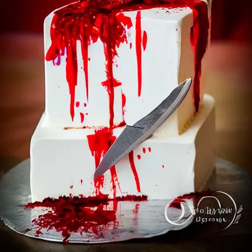 Prompt: wedding cake knife slice with blood dripping from the slice into a contract in a surrealistic style