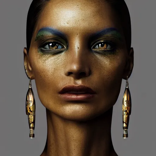 Prompt: portrait of a stunningly beautiful sleek alien tribal female, depth of field, zeiss lens, detailed, symmetrical, centered, fashionc photoshoot, by Annie Leibovitz and Steve McCurry, David Lazar, Jimmy Nelsson, Breathtaking, 8k resolution, extremely detailed, beautiful, establishing shot, artistic, hyperrealistic, beautiful face, octane render