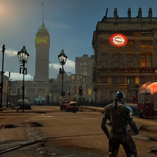 Image similar to promotional screenshot of fallout videogame set in london, visible buckingham palace