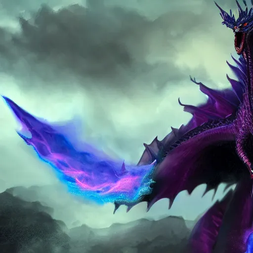 Image similar to mysterious figure with a purple coat and blue crown riding a dragon made of lightning, digital art, 4 k ultra hd, hyper realistic