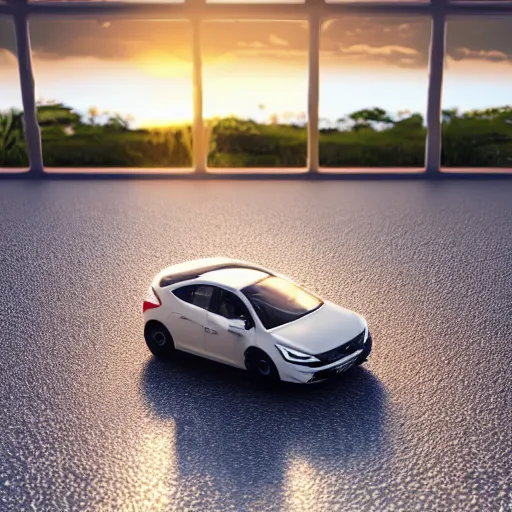 Prompt: close shot of a Hyundai car with cheese wheels on a white garage floor near a window at sunset, 3d render, unreal engine 5, octane render, 4k, low contrast, ray tracing, serene landscape, calm, relaxing, beautiful landscape, highly detailed, high quality, product photo, hyperrealistic, concept art, symmetrical, centered, godrays