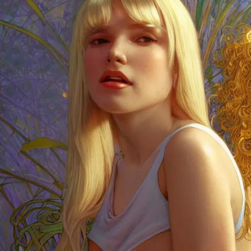 Image similar to A young woman with blonde long hair and bangs in shorts and white shirt drawn by Robert McGinnis and Julie Bell and Zeronis and alphonse mucha, background by James Jean and gustav klimt, 4k, sunny day, volumetric lighting, french nouveau, trending on artstation, octane render, hyperrealistic