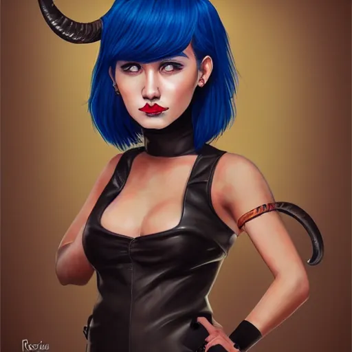 Image similar to illustrated realistic portrait of ram-horned devil woman with blue bob hairstyle and her tan colored skin and with solid black eyes wearing leather by rossdraws