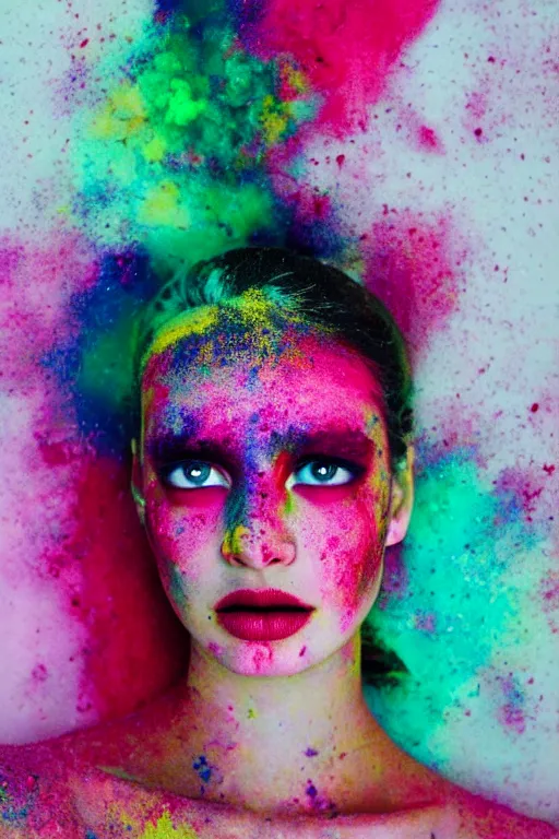 Image similar to An instax film still of a girl covered in holi powder featured in Vogue and GQ editorial fashion photography, beautiful eye, symmetry face, haute couture dressed by Givenchy and Salvatore Ferragamo