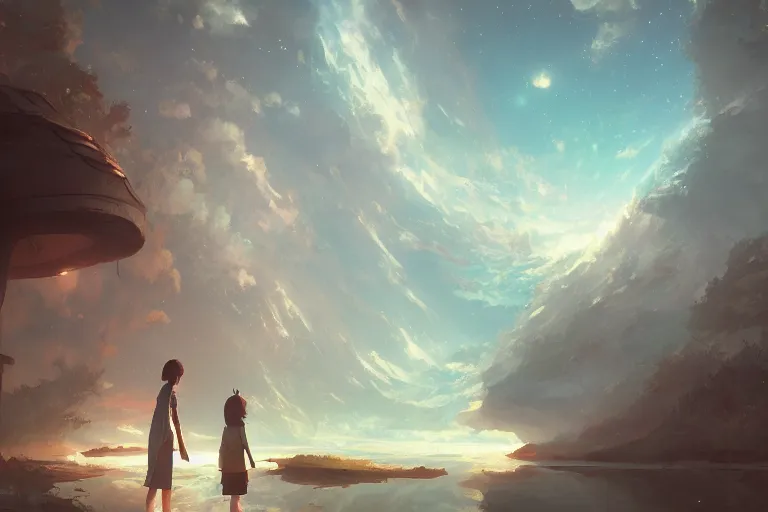 Image similar to a surreal, beautiful alternate dimension | | digital painting by makoto shinkai and greg rutkowski, surrealism, trending on artstation