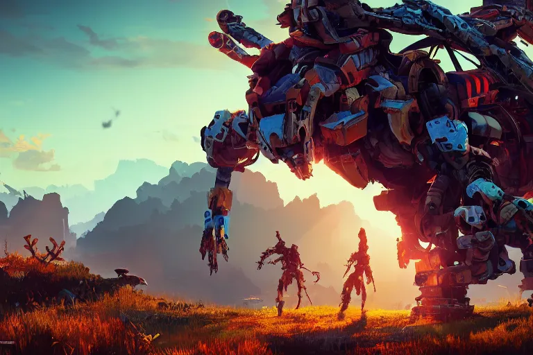 Image similar to scrapper machine mecanical creature robot of horizon forbidden west horizon zero dawn radiating a glowing aura global illumination ray tracing hdr fanart arstation by ian pesty and alena aenami artworks in 4 k