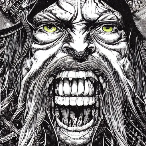 Prompt: portrait closeup of crazy hector barbossa, galleons, symmetrical, hyper detailed, by yoichi hatakenaka, masamune shirow, josan gonzales and dan mumford, ayami kojima, takato yamamoto, barclay shaw, karol bak, yukito kishiro