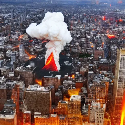 Image similar to volcano erupting in the middle of manhattan,