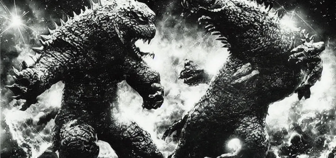 Prompt: 2pac fighting godzilla in space