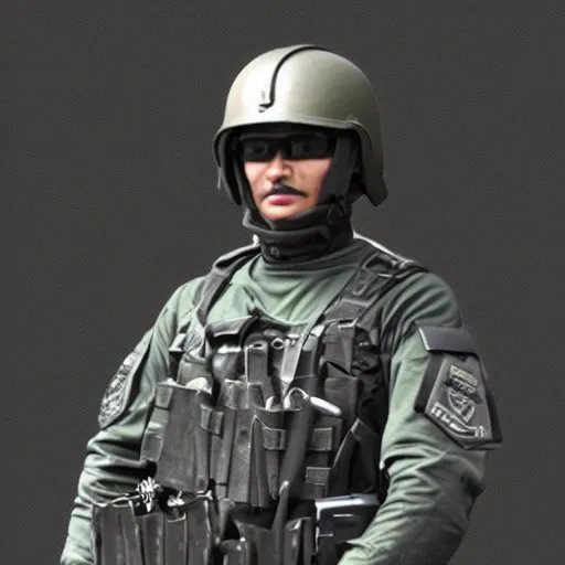 Image similar to A PMC in dark grey uniform with black body armor