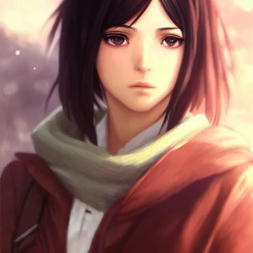 Image similar to mikasa ackerman, bokeh, beautiful face!!!!, 2 7 years old, cg animation, lifelike, animated, realistic, character select portrait, by artgerm, greg rutkowski, alphonse mucha, 3 d