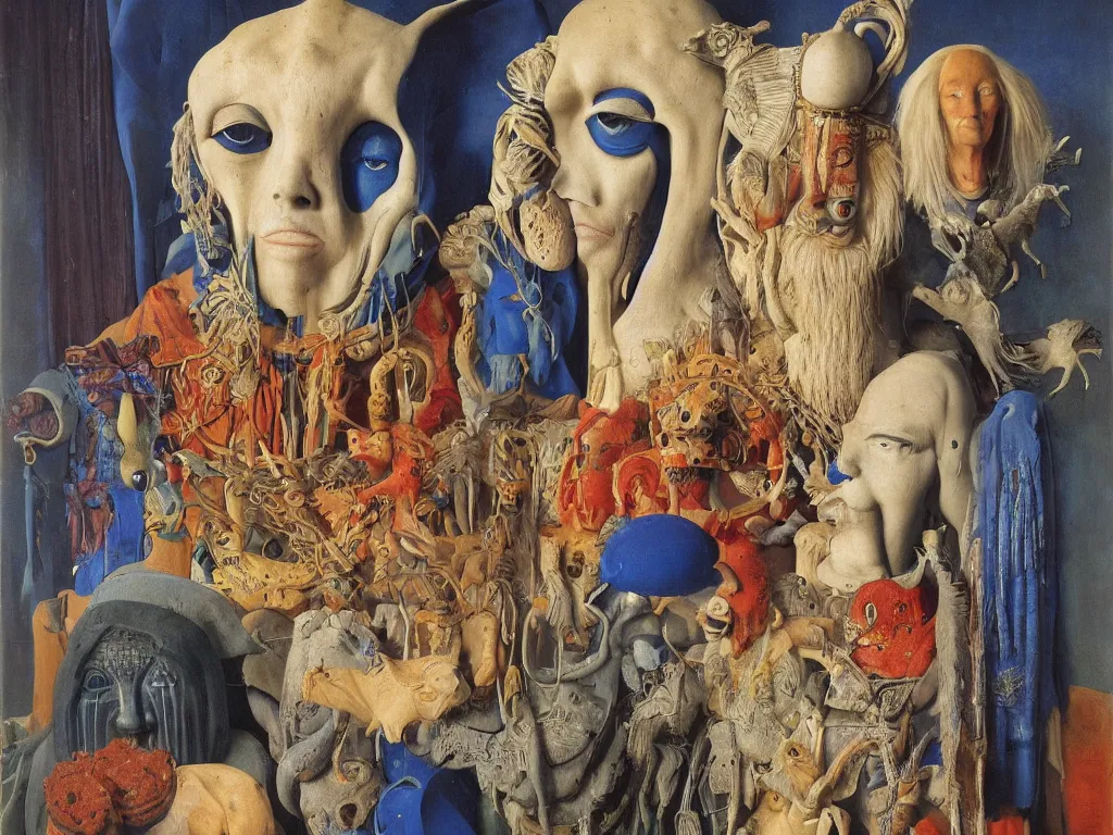 Image similar to portrait of albino mystic with blue eyes, with beautiful exotic, archaic, prehistoric, African mask, sculpture. Painting by Jan van Eyck, Audubon, Rene Magritte, Agnes Pelton, Max Ernst, Walton Ford