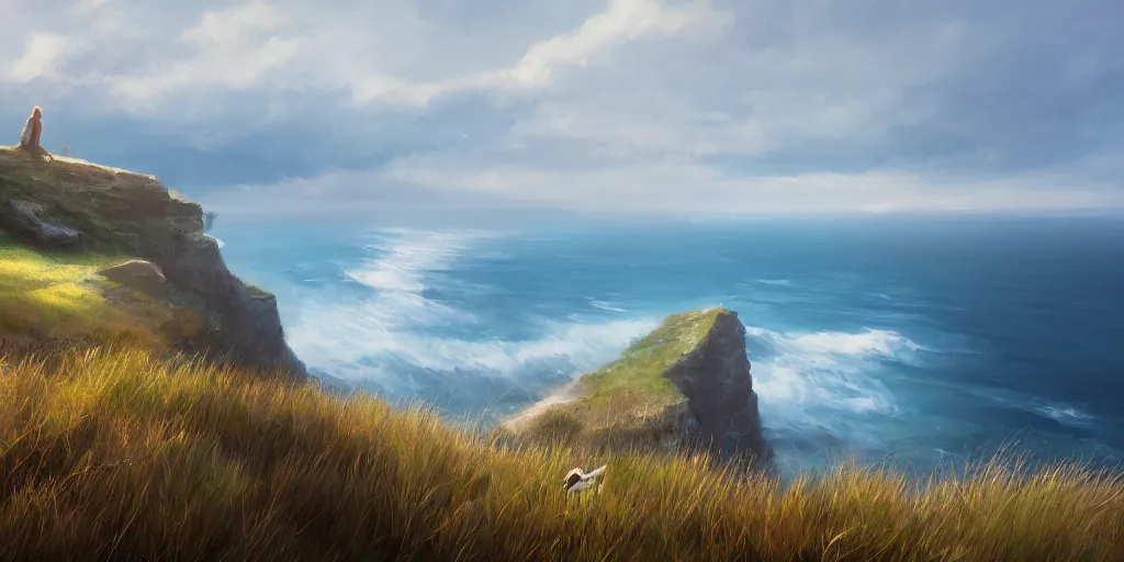 Prompt: Field on the edge of a cliff overlooking the ocean by Jessica Rossier, trending on art station
