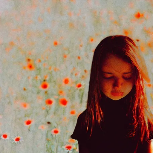 Prompt: oversaturated, burned, light leak, expired film, photo of a girl crying surrounded by flowers