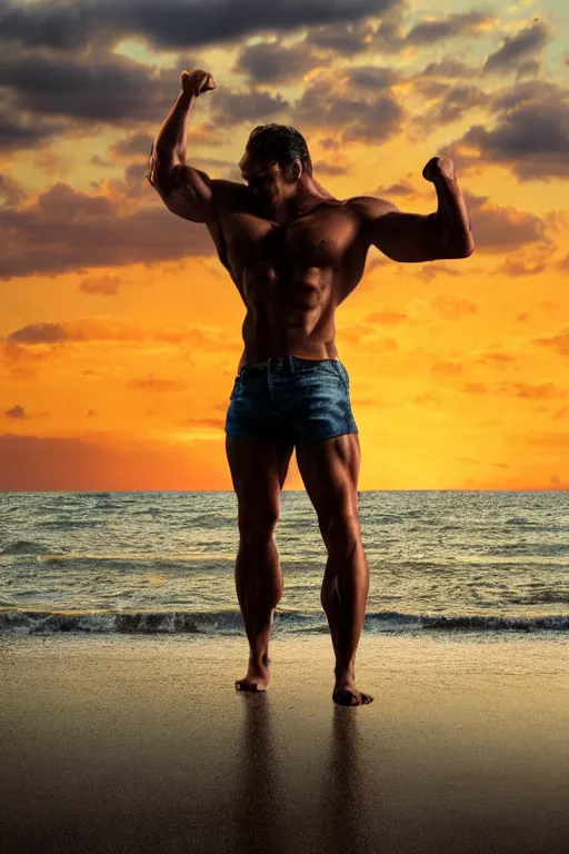 Image similar to a very muscular and defined man wearing ripped pants and shirt looking to the sea at sunset, godrays, complementary colors, natural lighting, portait image, path tracing, serene landscape, high quality, highly detailed, 8K, soft colors, warm colors, turbulent sea, high coherence, anatomically correct, hyperrealistic, concept art, defined face, five fingers