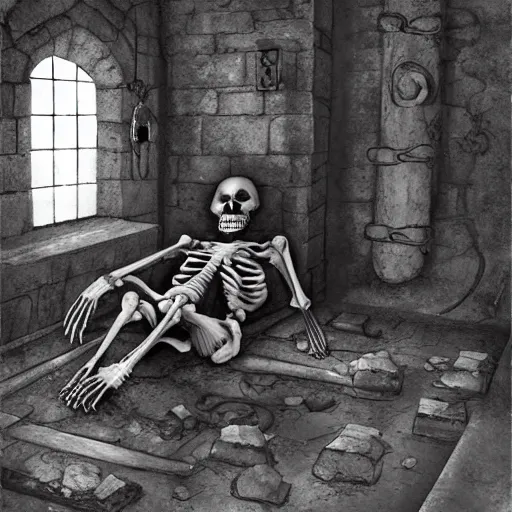 Prompt: skeleton laying in a dungeon, moody atmosphere, medieval prison, dungeon cell, prison cell, dusty, artstation award, ultra - realistic, illustration, bones