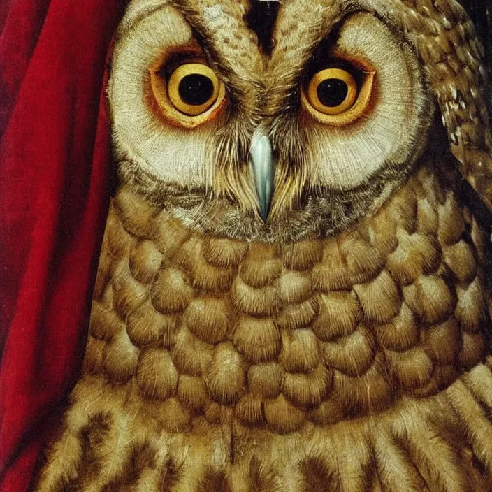 Prompt: close up portrait of the owl king. jan van eyck