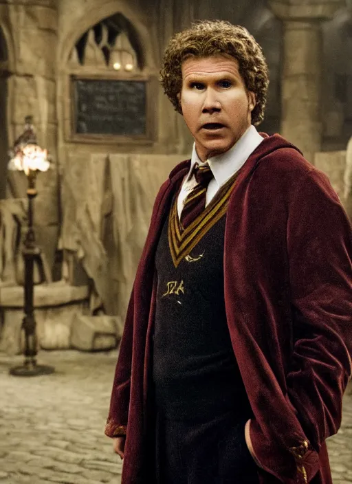 Image similar to will ferrell in harry potter, movie still frame, cinematic, 4 k