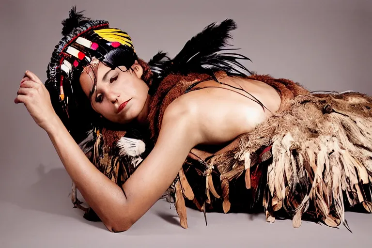 Image similar to a woman in a buffalo headdress reclining on the ground with one leg in the air, cosplay, photoshoot, studio lighting, photograph by Bruce Weber