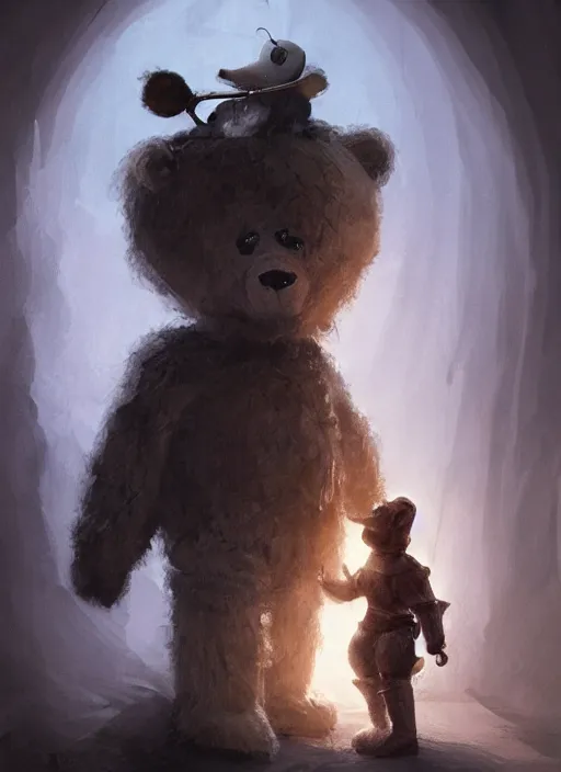 Image similar to a teddy bear dressed as a knight stands on a bed to scar away a nightmare that looms over a sleeping child, portrait, dramatic lighting, cinematic, establishing shot, extremly high detail, photo realistic, foto realistic, cinematic lighting, post processed, concept art, artstation, matte painting, style by eddie mendoza, raphael lacoste, alex ross