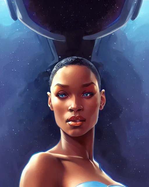 Image similar to Portrait of very very very very very very beautiful black woman, spacesuit, blue eyes, intricate, elegant, highly detailed, digital painting, artstation, concept art, smooth, sharp focus, illustration, art by artgerm and greg rutkowski and alphonse mucha