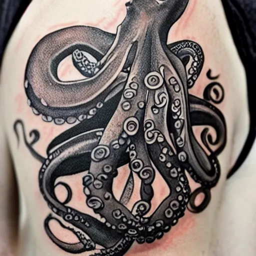 Image similar to octopus playing multiple folk instruments with its tentacles, tattoo