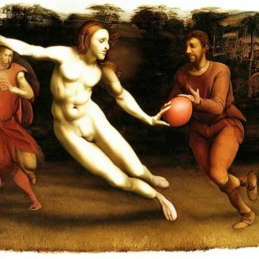 Image similar to Olivia Newton-John playing football by Leonardo da Vinci