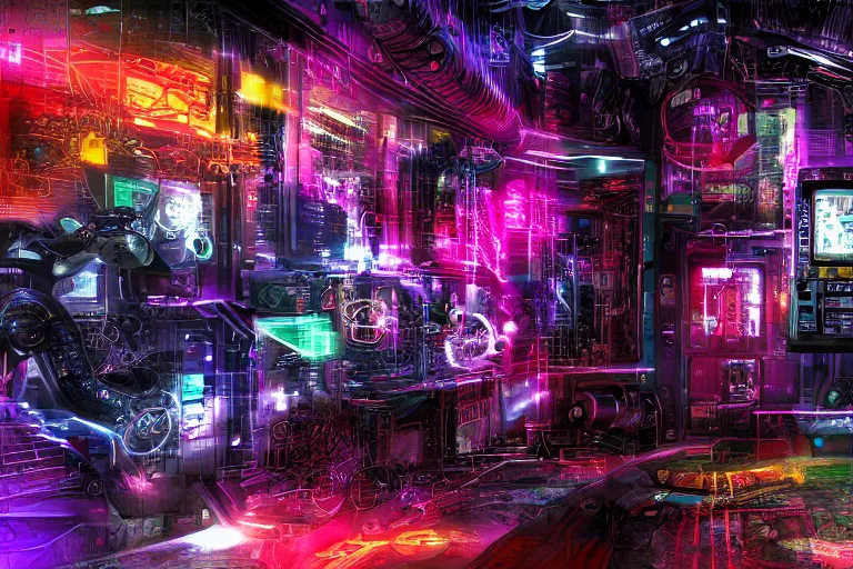 Image similar to complex cyberpunk machine background merged with evil cybernetic goat head in center focus, multicolored digital art